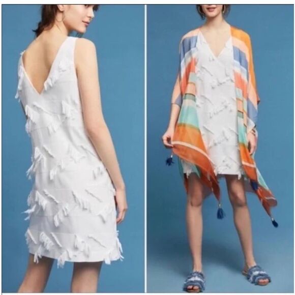 Maeve Anthropologie Boho White Fringe Cotton Shift Dress - Picture 3 of 10